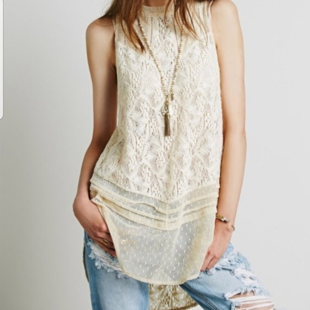 Free people sheer crochet mock neck tunic sz L